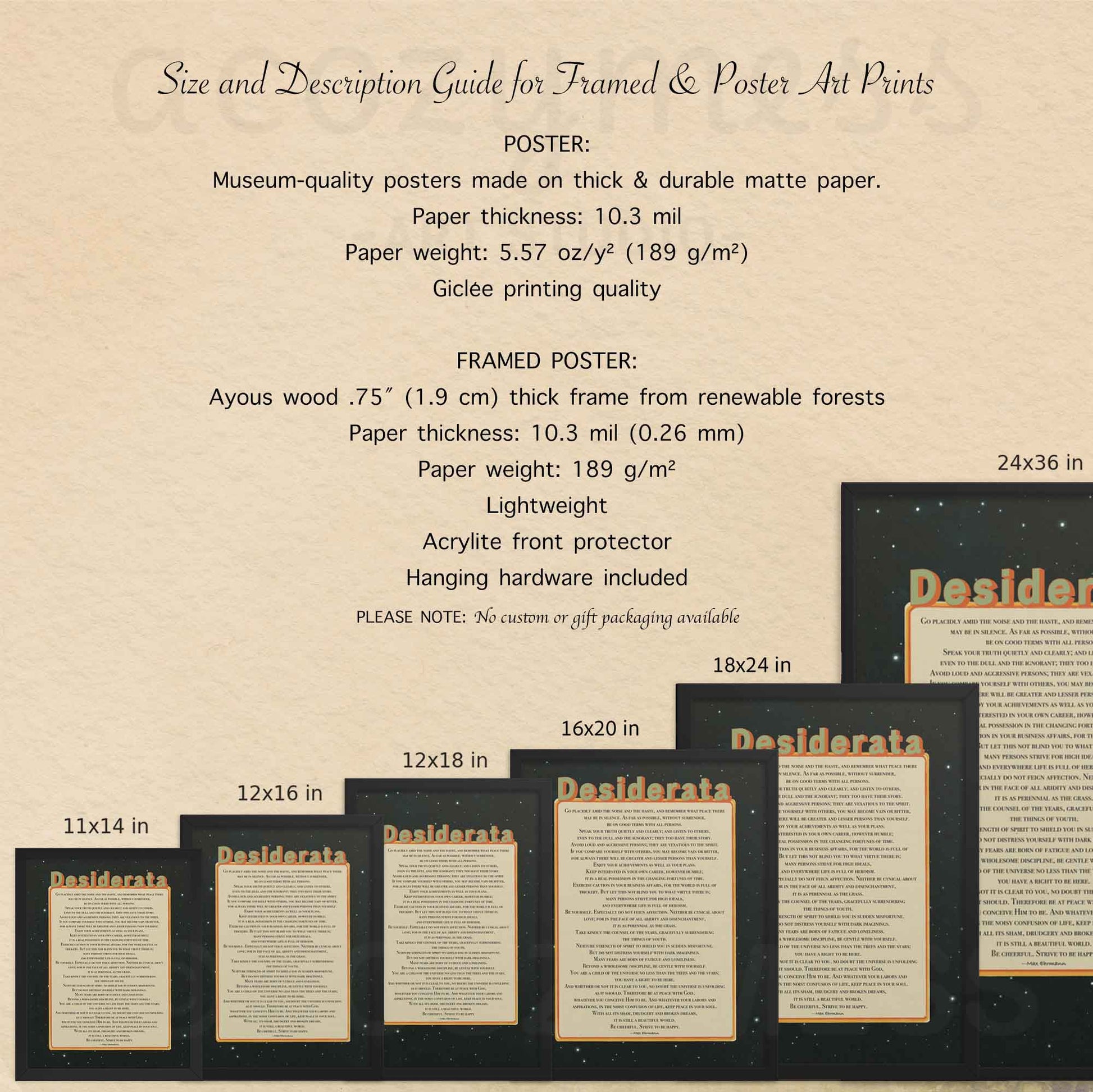 11x14, 12x16, 12x18, 16x20, 18x24, 20x30 framed and unframed poster options description guide for desiderata print