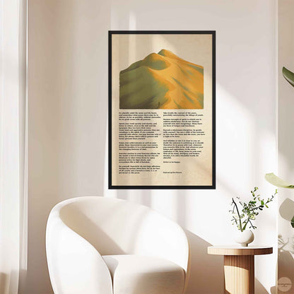 Desiderata poem poster with mountains landscape artwork in earthly green and yellow colors  in black frame hung on an office wall