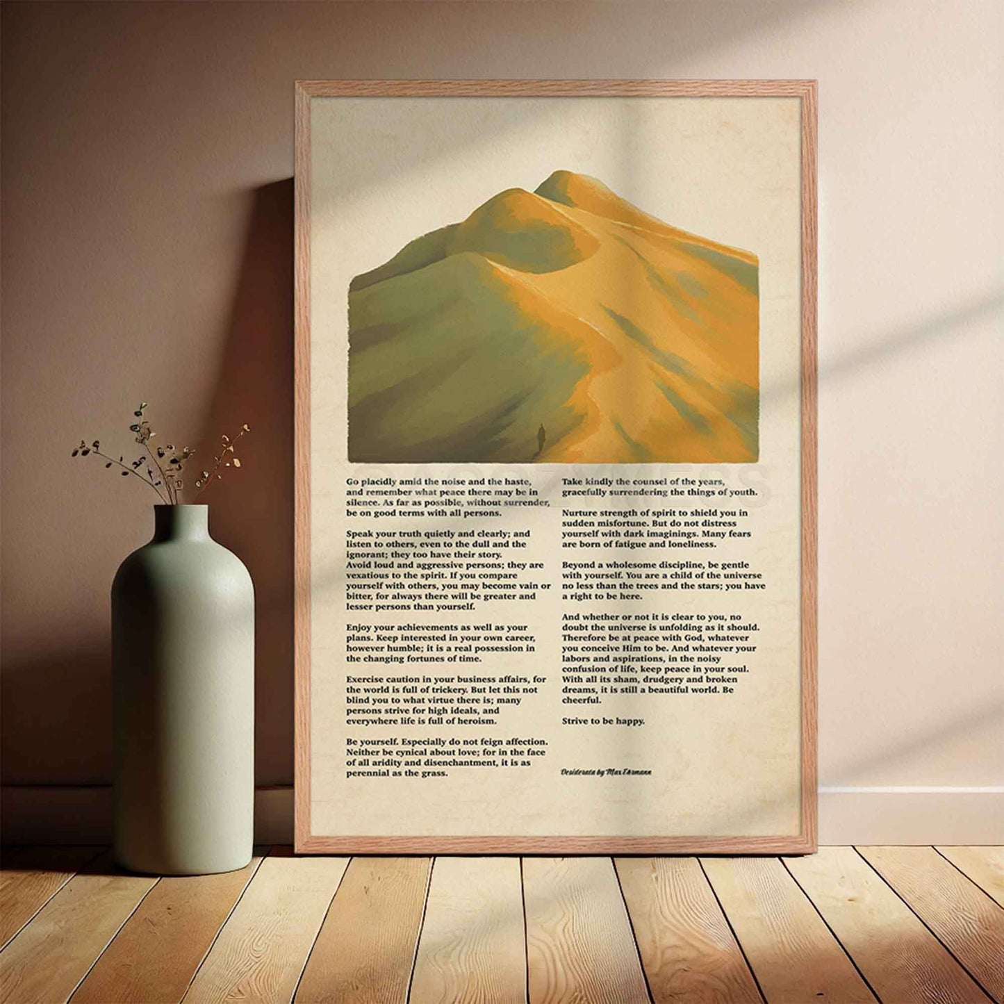 Wood Framed artwork with mountain illustration and Desiderata poem  
