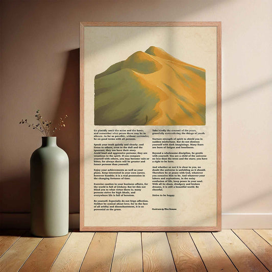 Wood Framed artwork with mountain illustration and Desiderata poem  