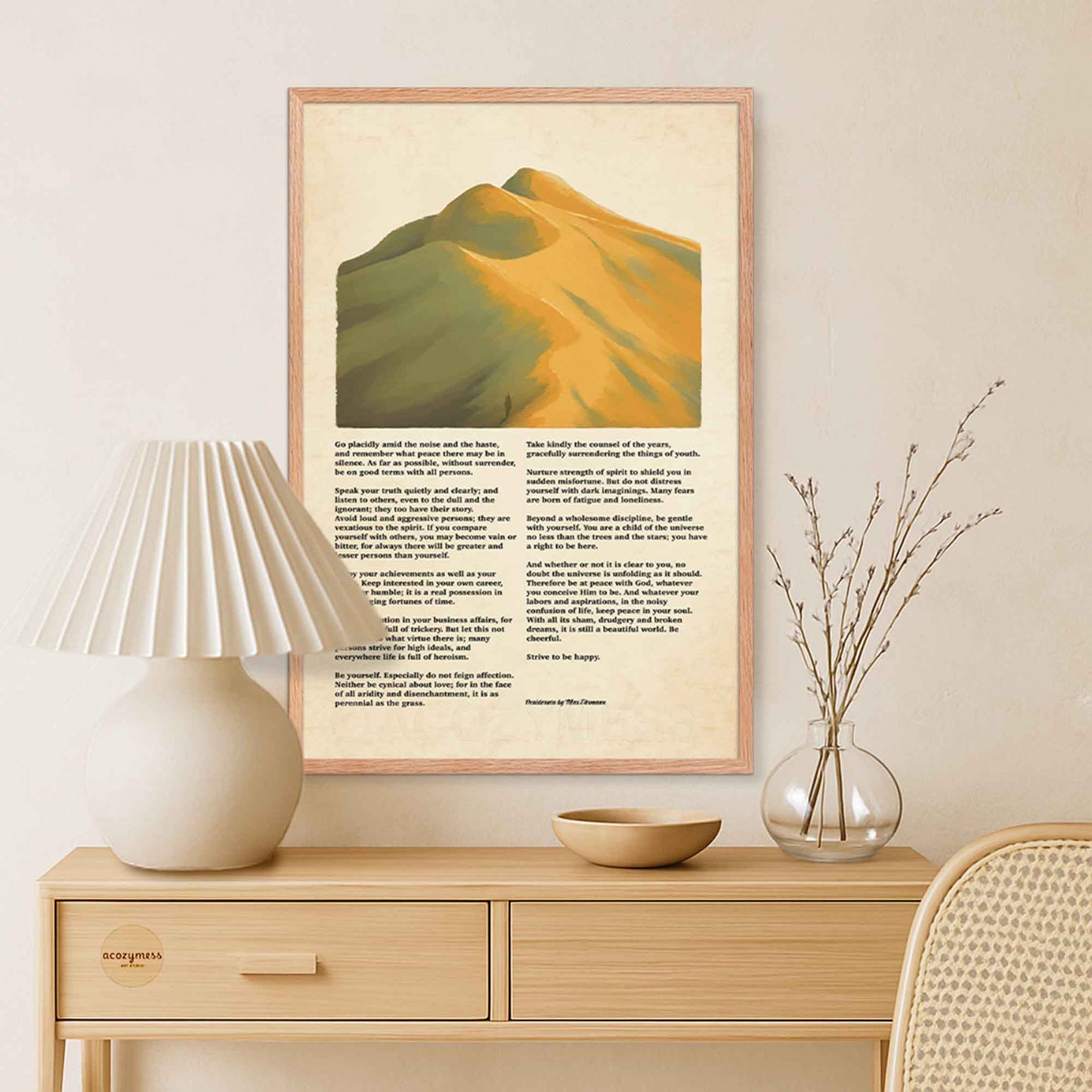 Desiderata poem poster with mountains landscape artwork in earthly green and yellow colors  in oakwood frame for natural look