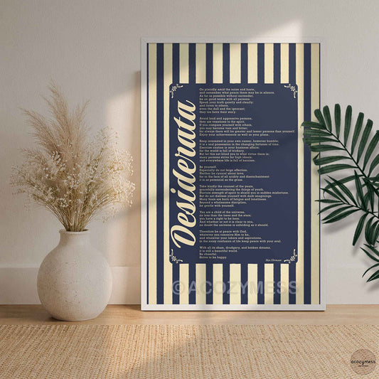 Desiderata poem wall art in white frame with dark blue and beige stripe design