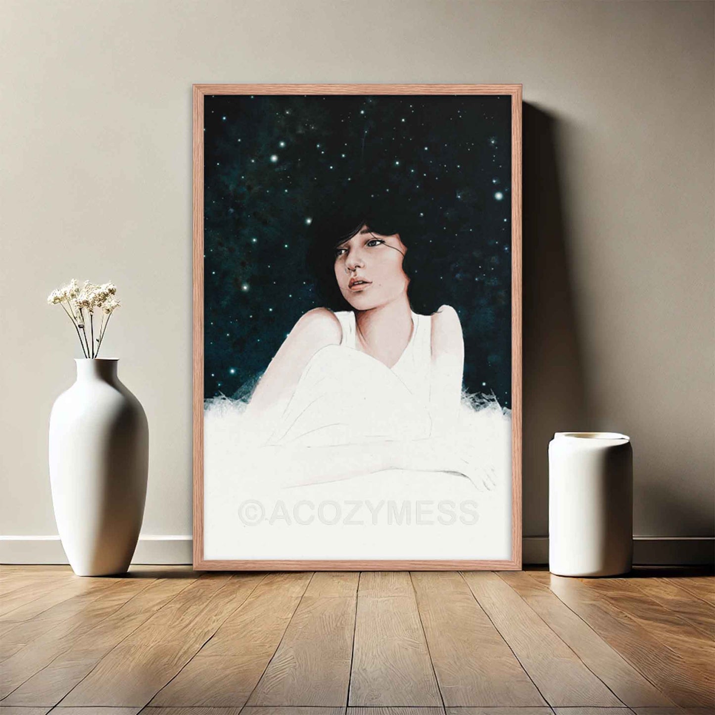 Girl Dreaming Awake at Night art print, created with a soothing blue, white, and pink palette using watercolors and iPad, perfect for adding a dreamy, tranquil vibe to your bedroom or living room, in oakwood frame