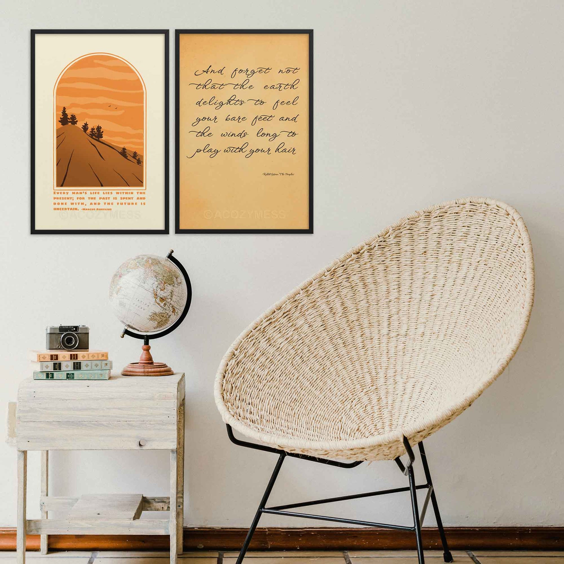 Kahlil Gibran Poster with quote, earth delights to feel your bare feet, in black frame and stoic art poster in black frame.