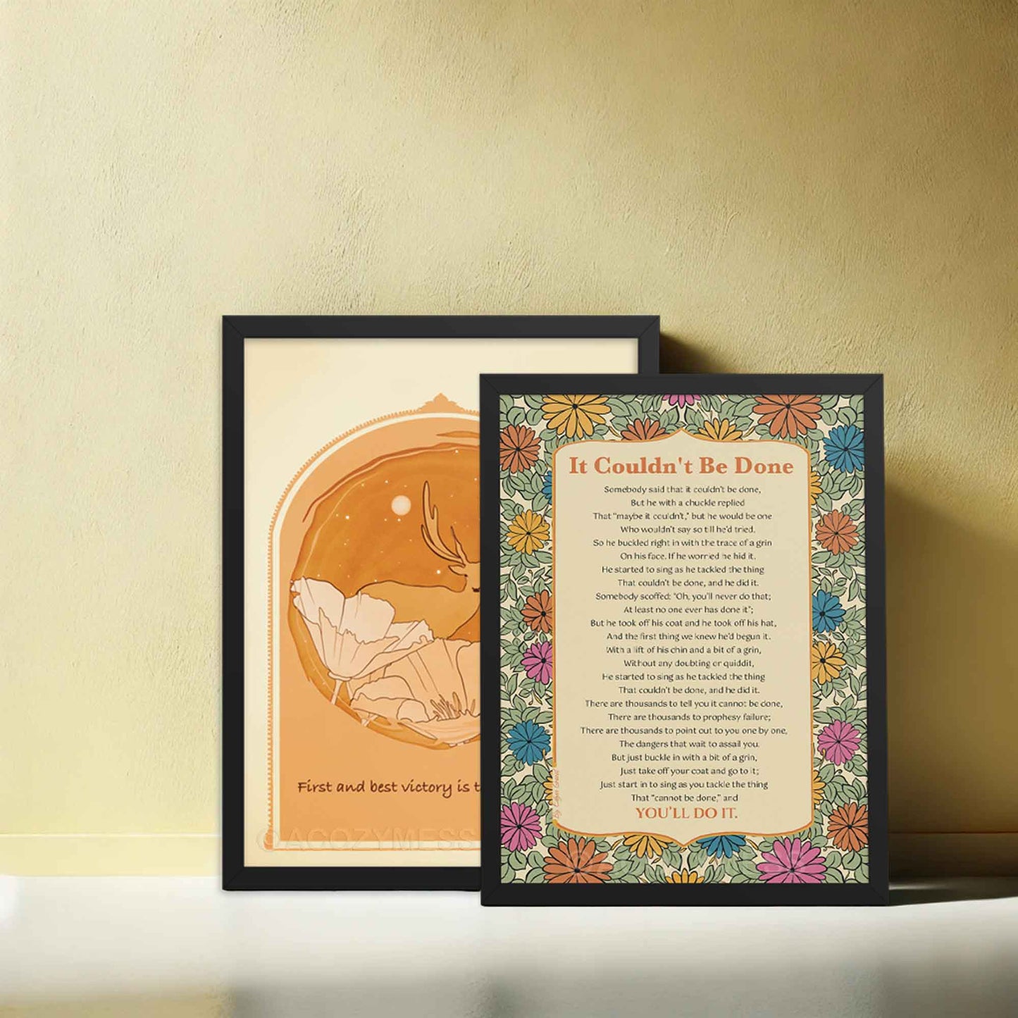 it couldn't be done poem by Edgar Guest Poem Poster with floral art in black frame.