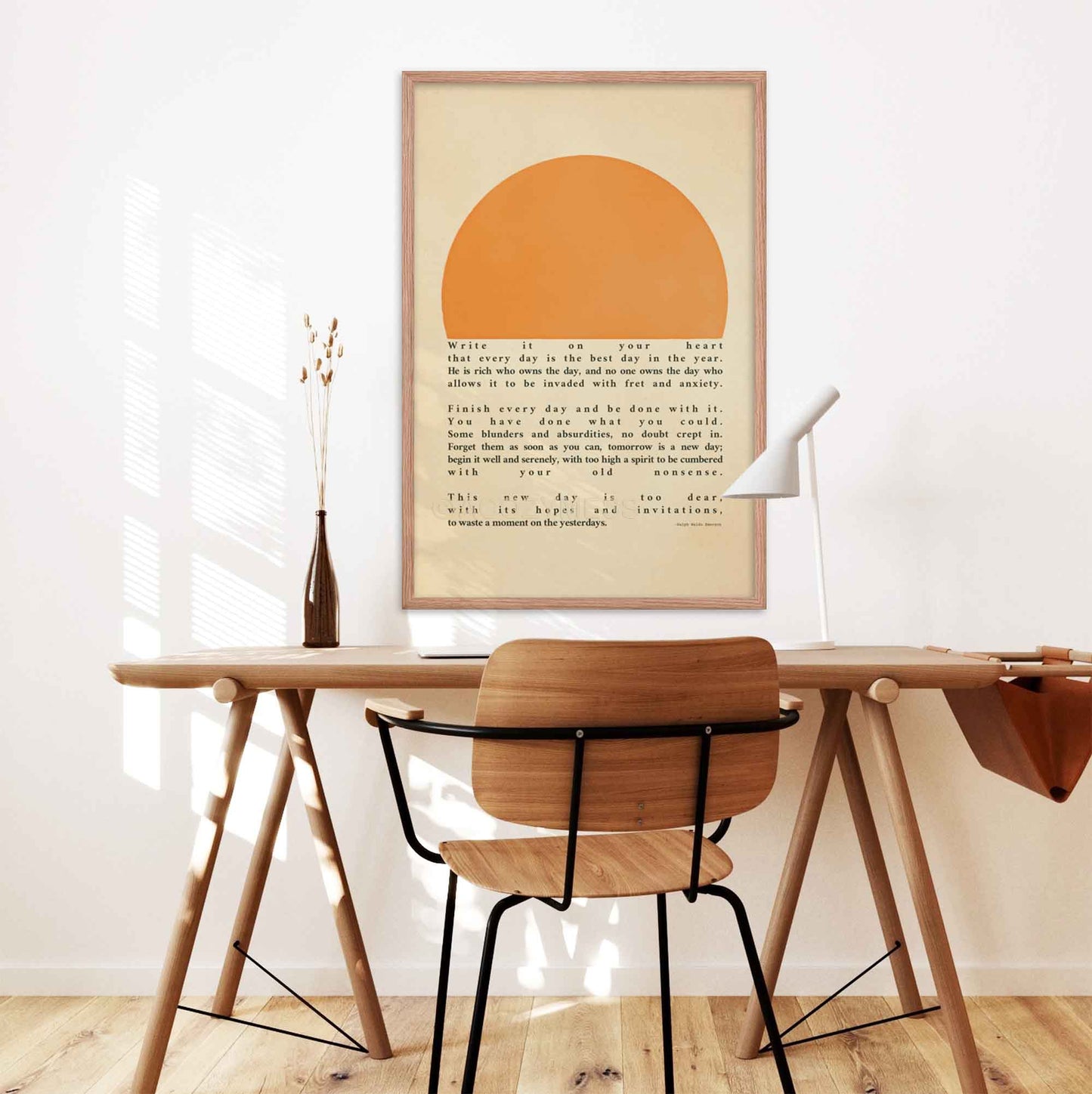 Ralph Waldo Emerson's Poster featuring  inspirational quote, Write it on your heart..., with a warm sun illustration, displayed in a oakwood frame.