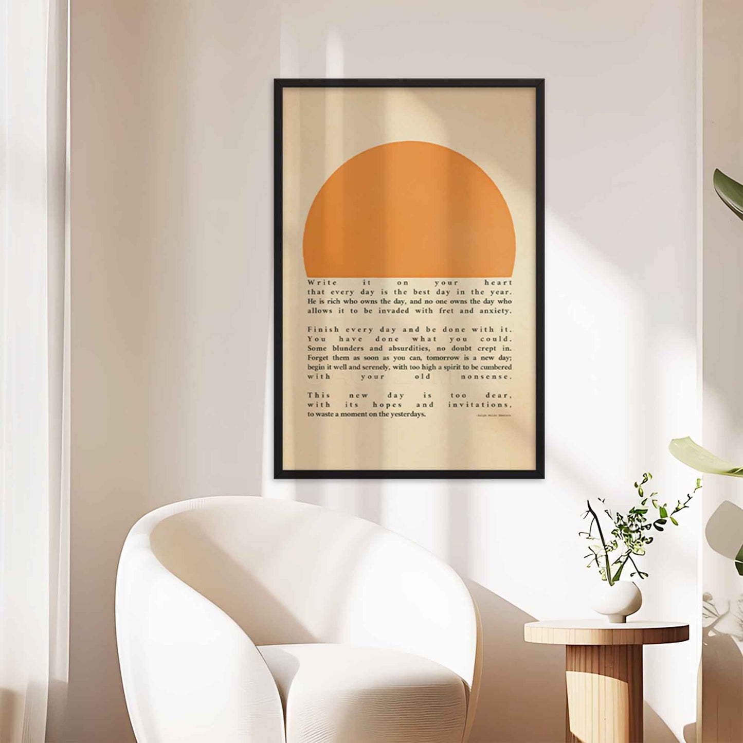 Ralph Waldo Emerson's Poster featuring  inspirational quote, Write it on your heart..., with a warm sun illustration, displayed in a black frame.