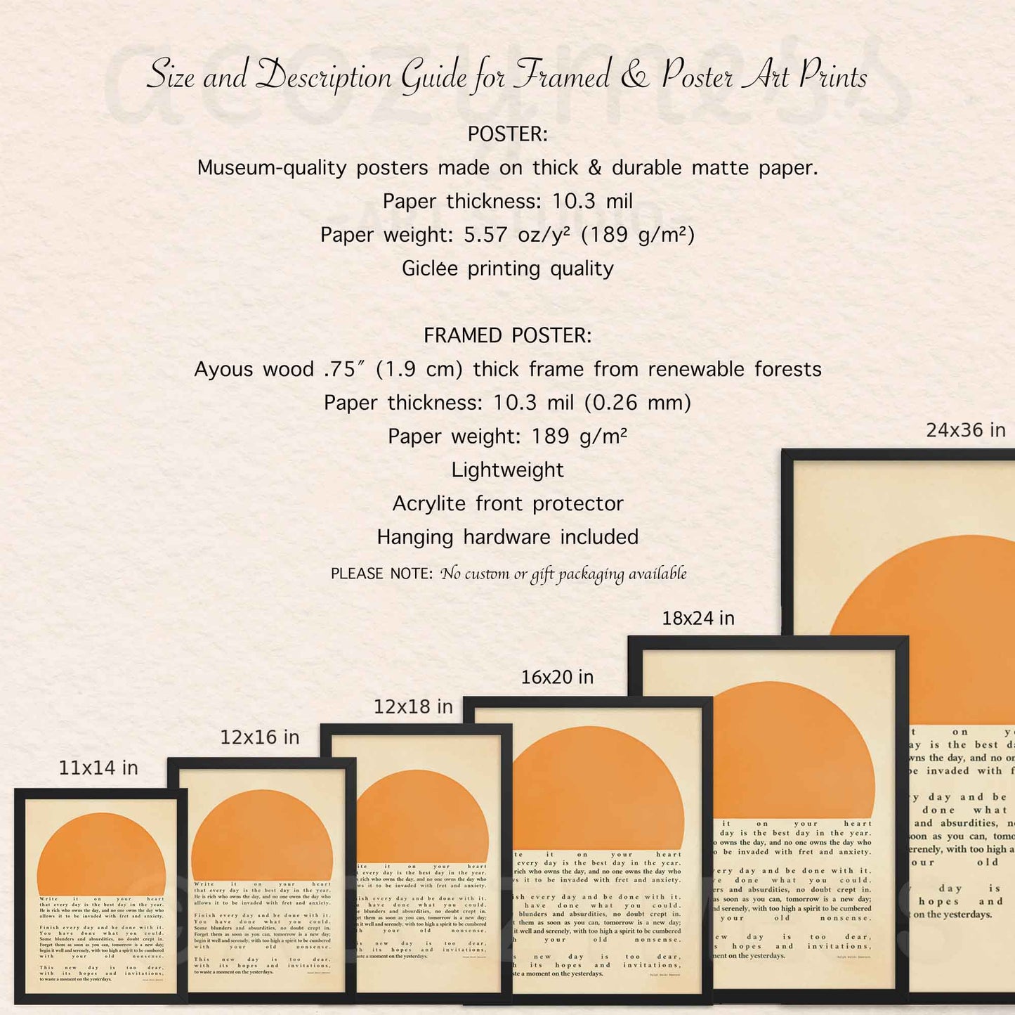 11x14, 12x16, 12x18, 16x20, 18x24, 20x30 framed and unframed poster options description guide