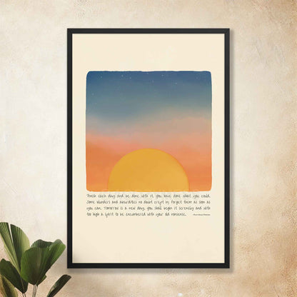  A nature-inspired poster featuring Ralph Waldo Emerson’s quote, "Finish each day and be done with it..." alongside an illustration of mountains, a flowing river, and a rising sun, in black frame. The design symbolizes renewal, resilience, and a fresh start, making it perfect for mindfulness, motivation, and inspiring home decor.