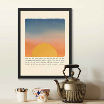  A nature-inspired poster featuring Ralph Waldo Emerson’s quote, "Finish each day and be done with it..." alongside an illustration of mountains, a flowing river, and a rising sun, in black frame as a spiritual decor.  The design symbolizes renewal, resilience, and a fresh start, making it perfect for mindfulness, motivation, and inspiring home decor.