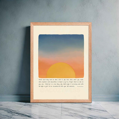  A nature-inspired poster featuring Ralph Waldo Emerson’s quote, "Finish each day and be done with it..." alongside an illustration of mountains, a flowing river, and a rising sun, in wood frame. The design symbolizes renewal, resilience, and a fresh start, making it perfect for mindfulness, motivation, and inspiring home decor.