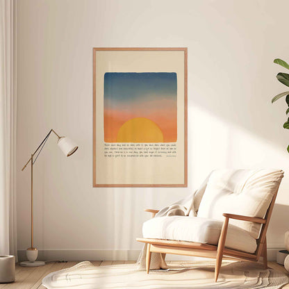  A nature-inspired poster featuring Ralph Waldo Emerson’s quote, "Finish each day and be done with it..." alongside an illustration of mountains, a flowing river, and a rising sun, in oakwood frame to create a calming corner. The design symbolizes renewal, resilience, and a fresh start, making it perfect for mindfulness, motivation, and inspiring home decor.