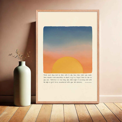  A nature-inspired poster featuring Ralph Waldo Emerson’s quote, "Finish each day and be done with it..." alongside an illustration of mountains, a flowing river, and a rising sun, in oakwood frame. The design symbolizes renewal, resilience, and a fresh start, making it perfect for mindfulness, motivation, and inspiring home decor.