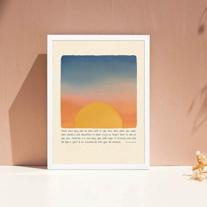 A nature-inspired poster featuring Ralph Waldo Emerson’s quote, "Finish each day and be done with it..." alongside an illustration of mountains, a flowing river, and a rising sun, in white frame. The design symbolizes renewal, resilience, and a fresh start, making it perfect for mindfulness, motivation, and inspiring home decor.