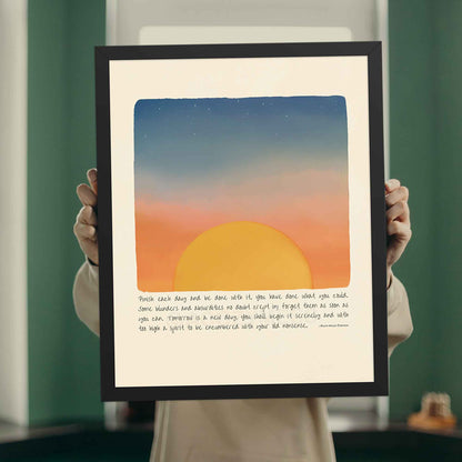  A nature-inspired poster featuring Ralph Waldo Emerson’s quote, "Finish each day and be done with it..." alongside an illustration of mountains, a flowing river, and a rising sun, in black frame. The design symbolizes renewal, resilience, and a fresh start, making it perfect for mindfulness, motivational decor.