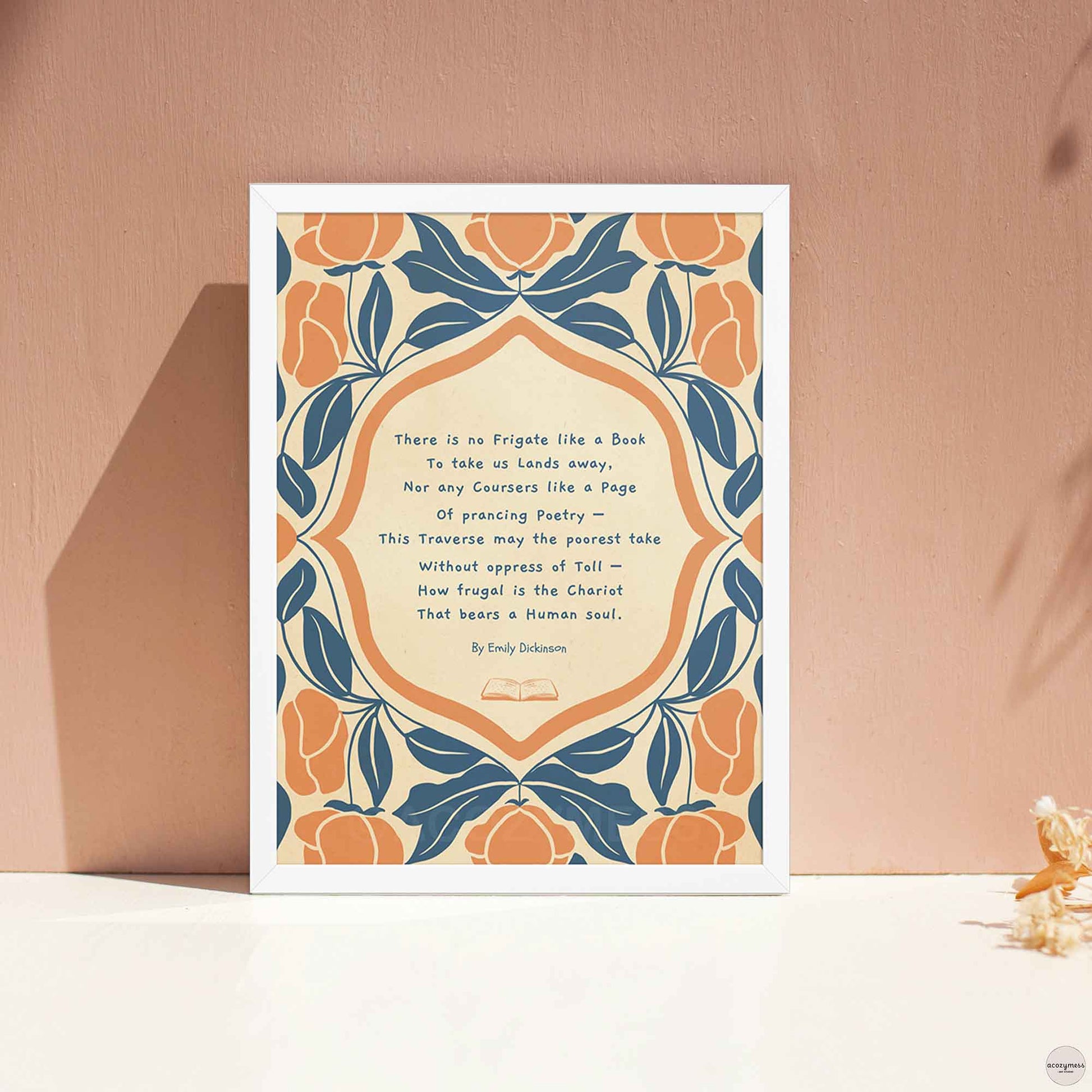 A vintage-style reading poster featuring the Emily Dickinson poem “There is no Frigate like a Book” with elegant abstract floral illustrations on a textured background, in white frame.
