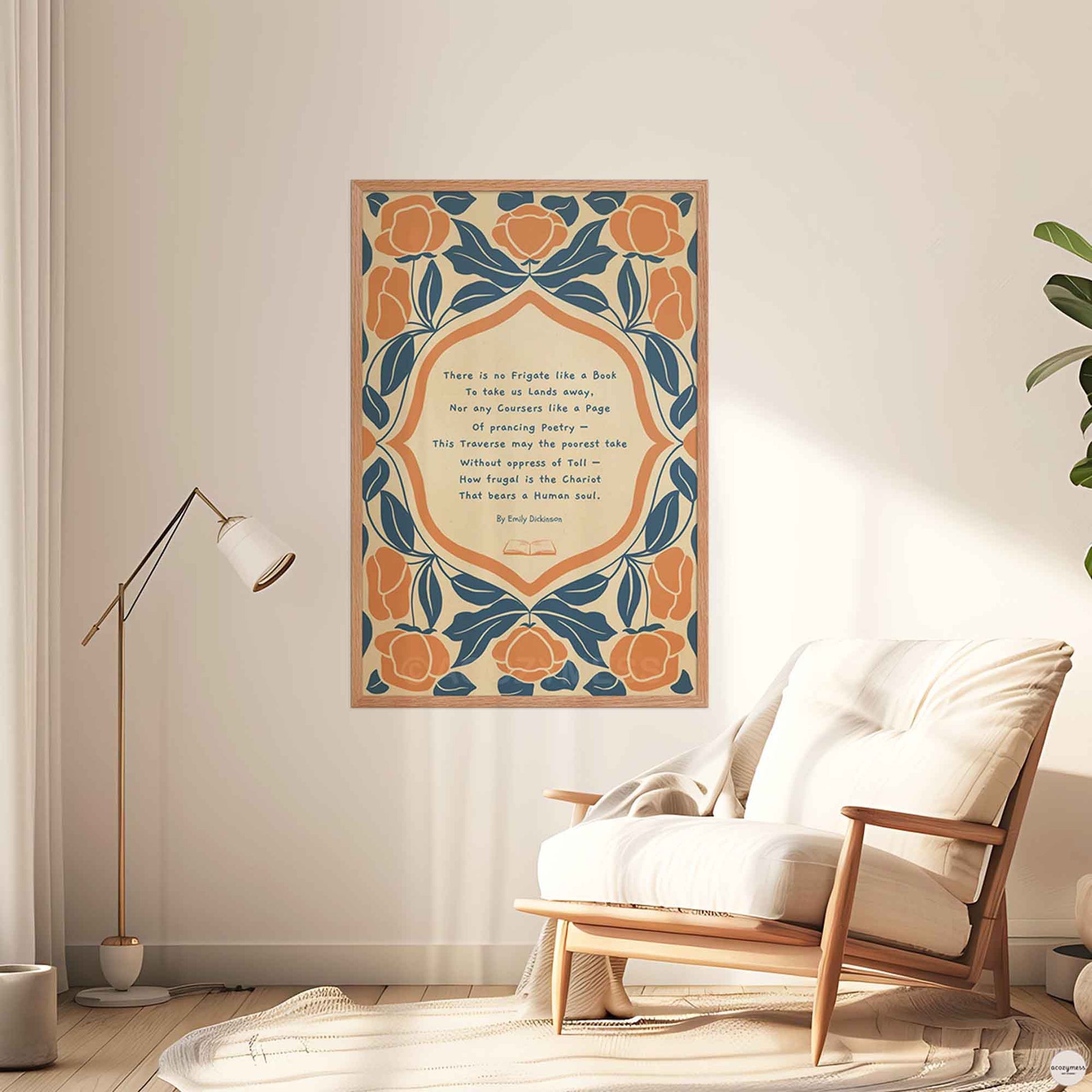 A reading poster featuring the Emily Dickinson poem “There is no Frigate like a Book” with elegant abstract floral illustrations on a textured background, in oakwood frame for library decor.
