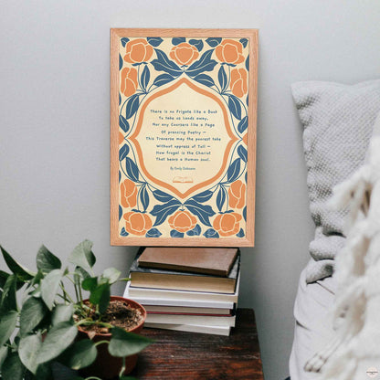 A reading poster featuring the Emily Dickinson poem “There is no Frigate like a Book” with elegant abstract floral illustrations on a textured background, in oakwood frame for book lovers.