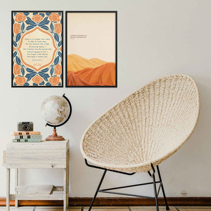 A reading poster featuring the Emily Dickinson poem “There is no Frigate like a Book” with elegant abstract floral illustrations on a textured background, in black frame for library decor.