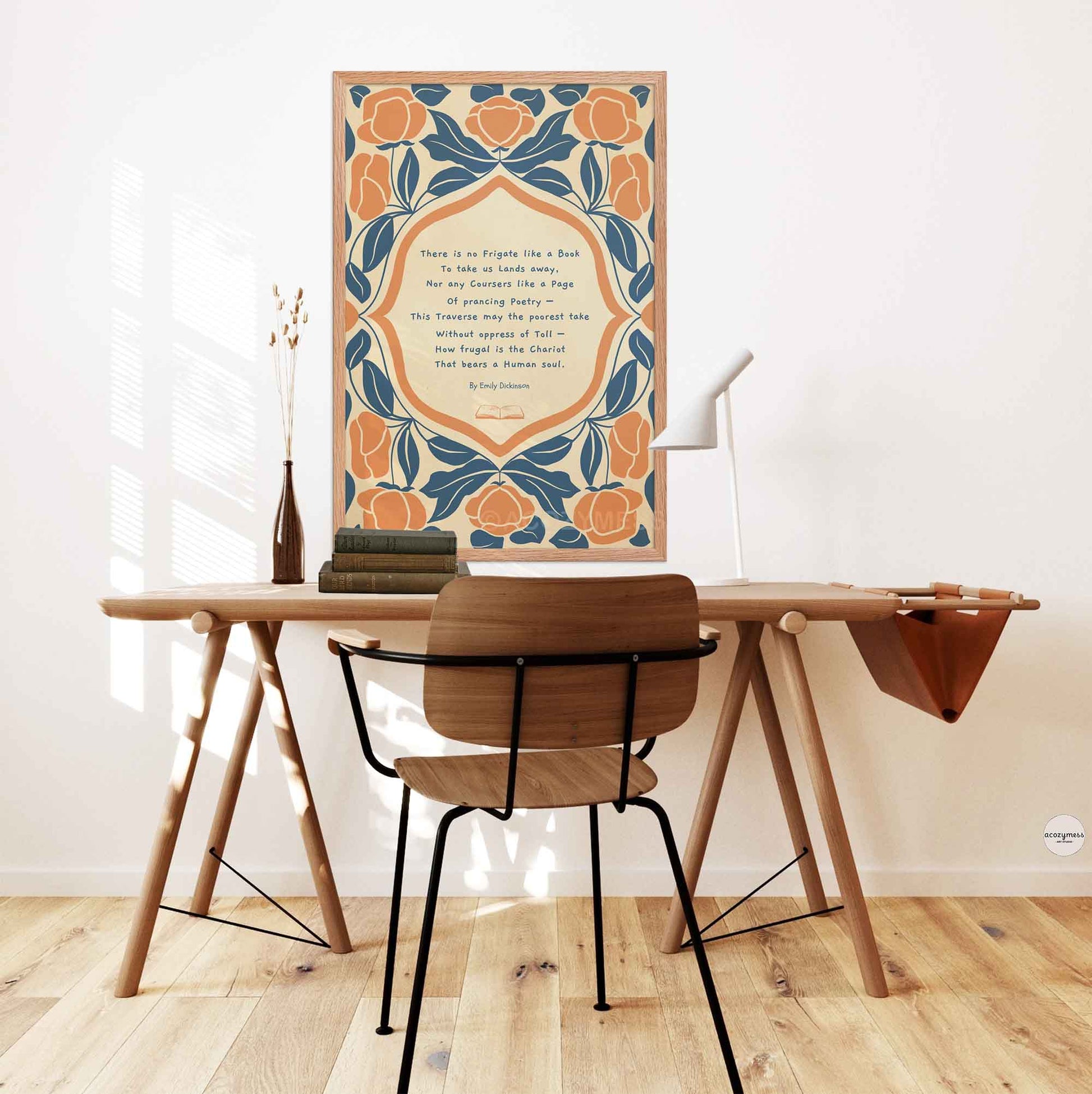 A reading poster featuring the Emily Dickinson poem “There is no Frigate like a Book” with elegant abstract floral illustrations on a textured background, in oakwood frame for study decor.