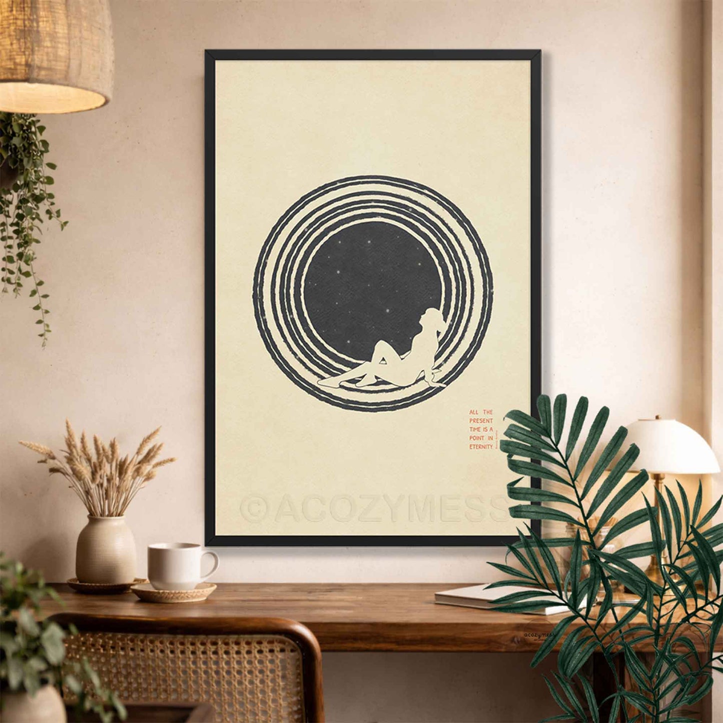 A black  minimalist philosophy poster featuring a clean illustration of a lone figure stargazing beneath a vast, starry sky. The artwork is framed in a sleek border, displaying sharp typography with the Marcus Aurelius quote: ALL THE PRESENT IS A POINT IN ETERNITY.