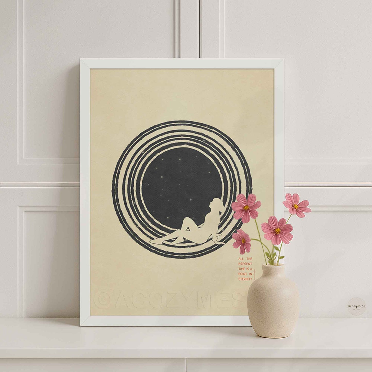 A white minimalist philosophy poster featuring a clean illustration of a lone figure stargazing beneath a vast, starry sky. The artwork is framed in a sleek border, displaying sharp typography with the Marcus Aurelius quote on present moment.