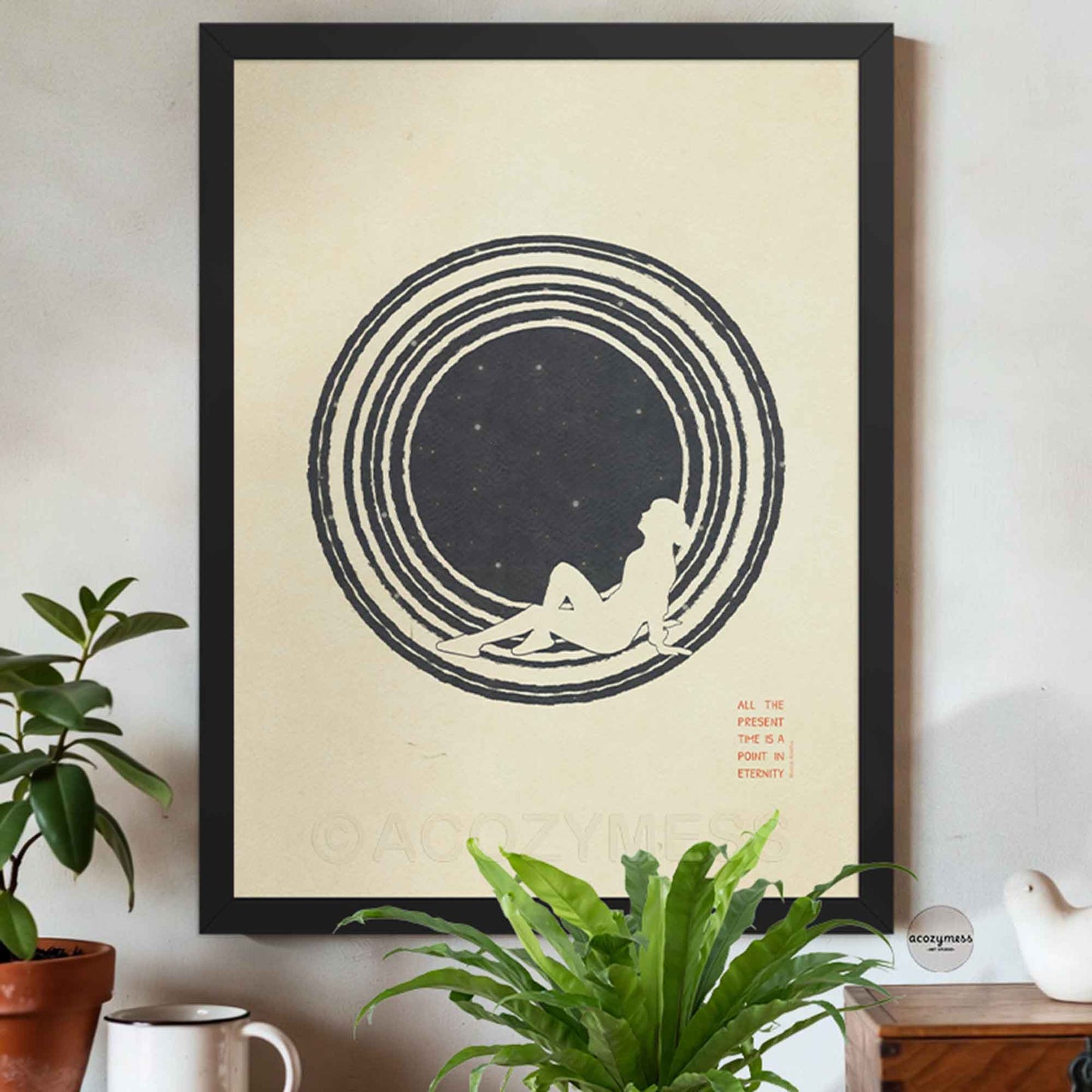 An black framed  minimalist philosophy poster featuring a clean illustration of a lone figure stargazing beneath a vast, starry sky. The artwork is framed in a sleek border, displaying sharp typography with the Marcus Aurelius quote hanging on a wall.