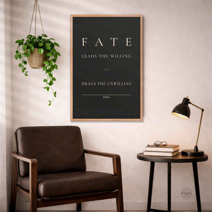 Framed poster with stoic quote 'Fate leads the willing and drags the unwilling' by Seneca in a room with a chair, lamp, and plant.