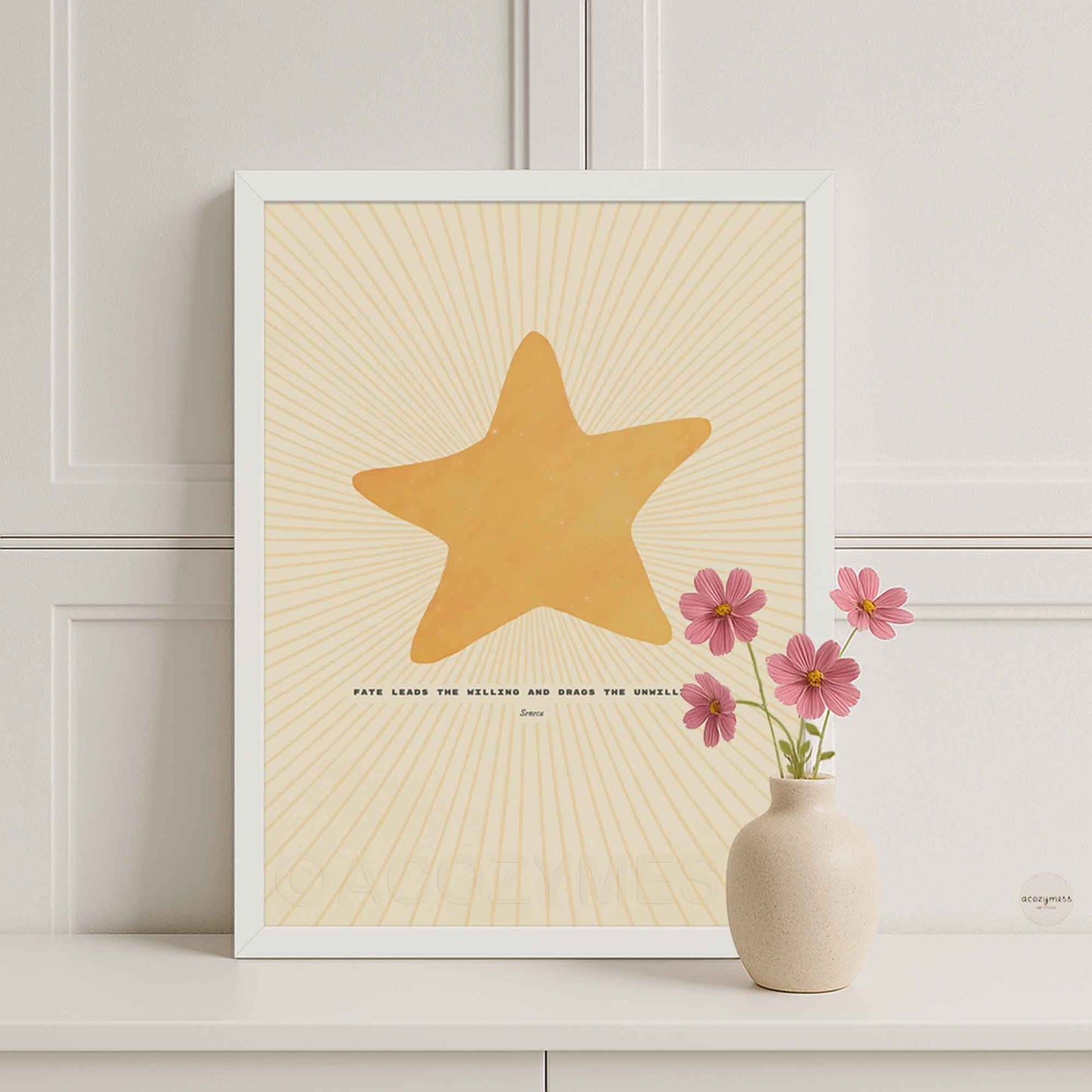 Seneca quote poster with bright star illustration displayed in a clean white frame, light and minimalist aesthetic.