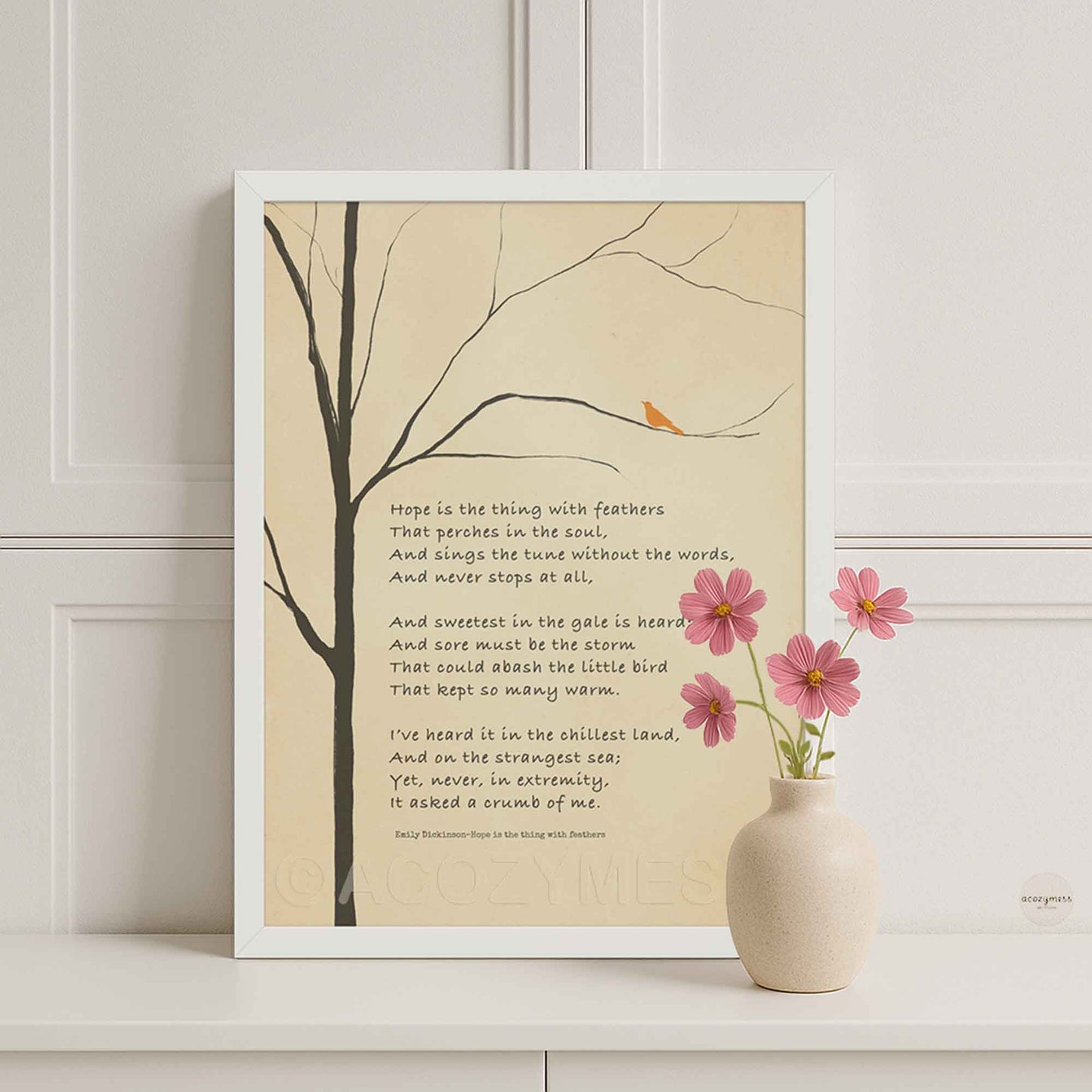  Minimalist Emily Dickinson quote poster with bird illustration, shown in a clean white frame for a light and airy feel.
