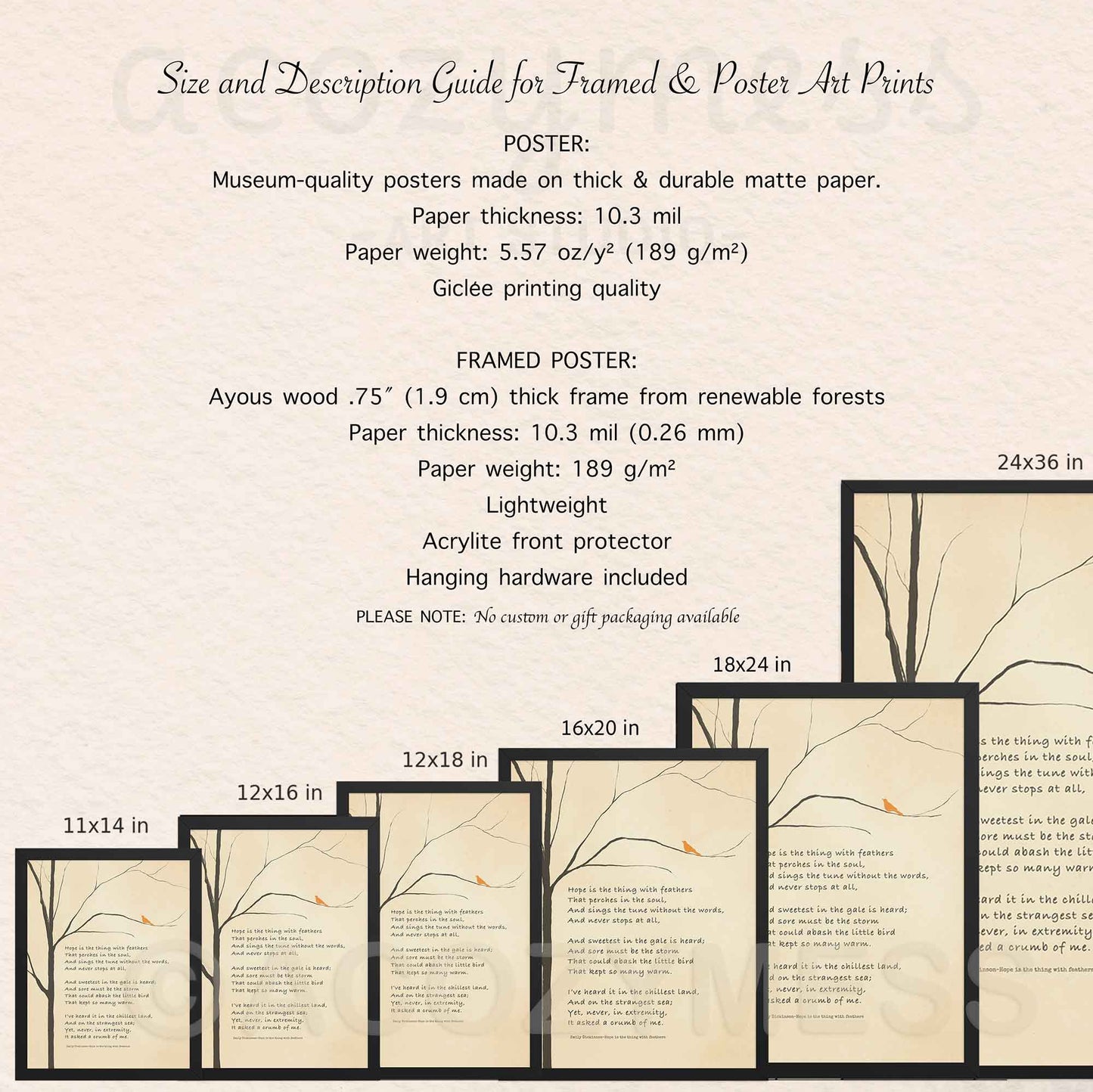 Size and description guide for framed and poster art prints with product dimensions and material details.
