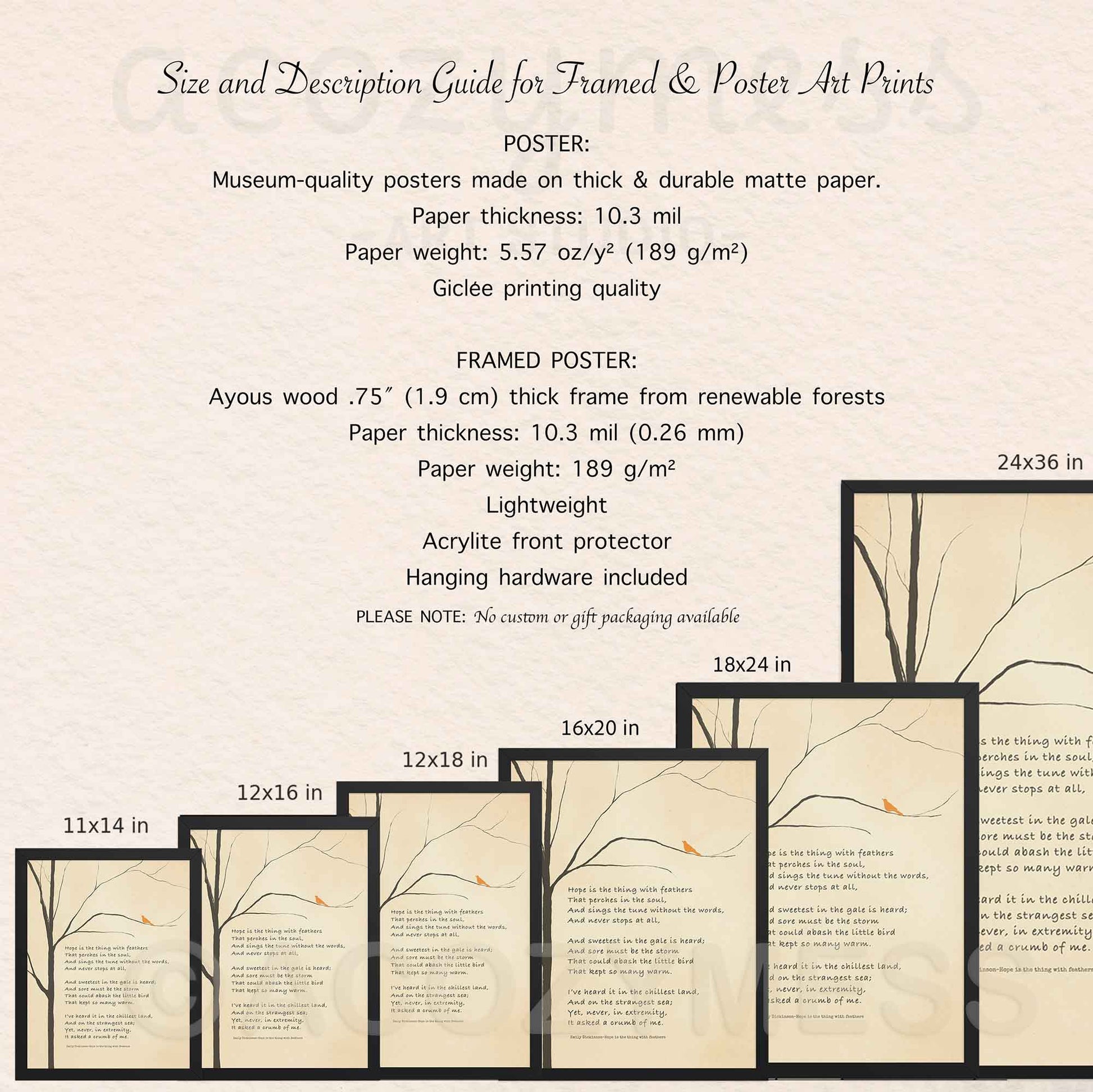 Size and description guide for framed and poster art prints with product dimensions and material details.