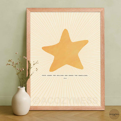 Seneca  poster with bright star illustration displayed in an oakwood frame, warm and natural finish.