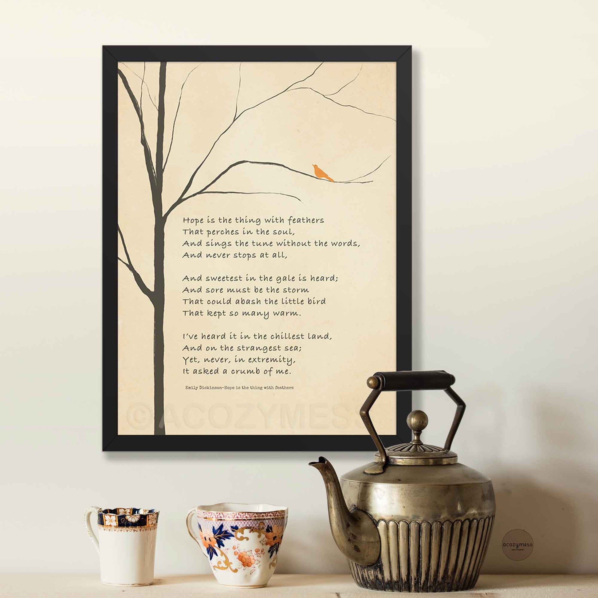 Emily Dickinson poem print with bird on branch illustration, framed in sleek black for a bold, modern finish.
