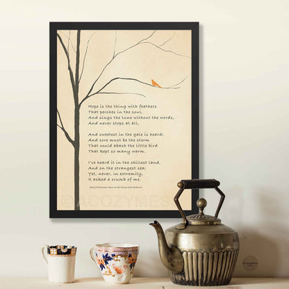 Emily Dickinson poem print with bird on branch illustration, framed in sleek black for a bold, modern finish.