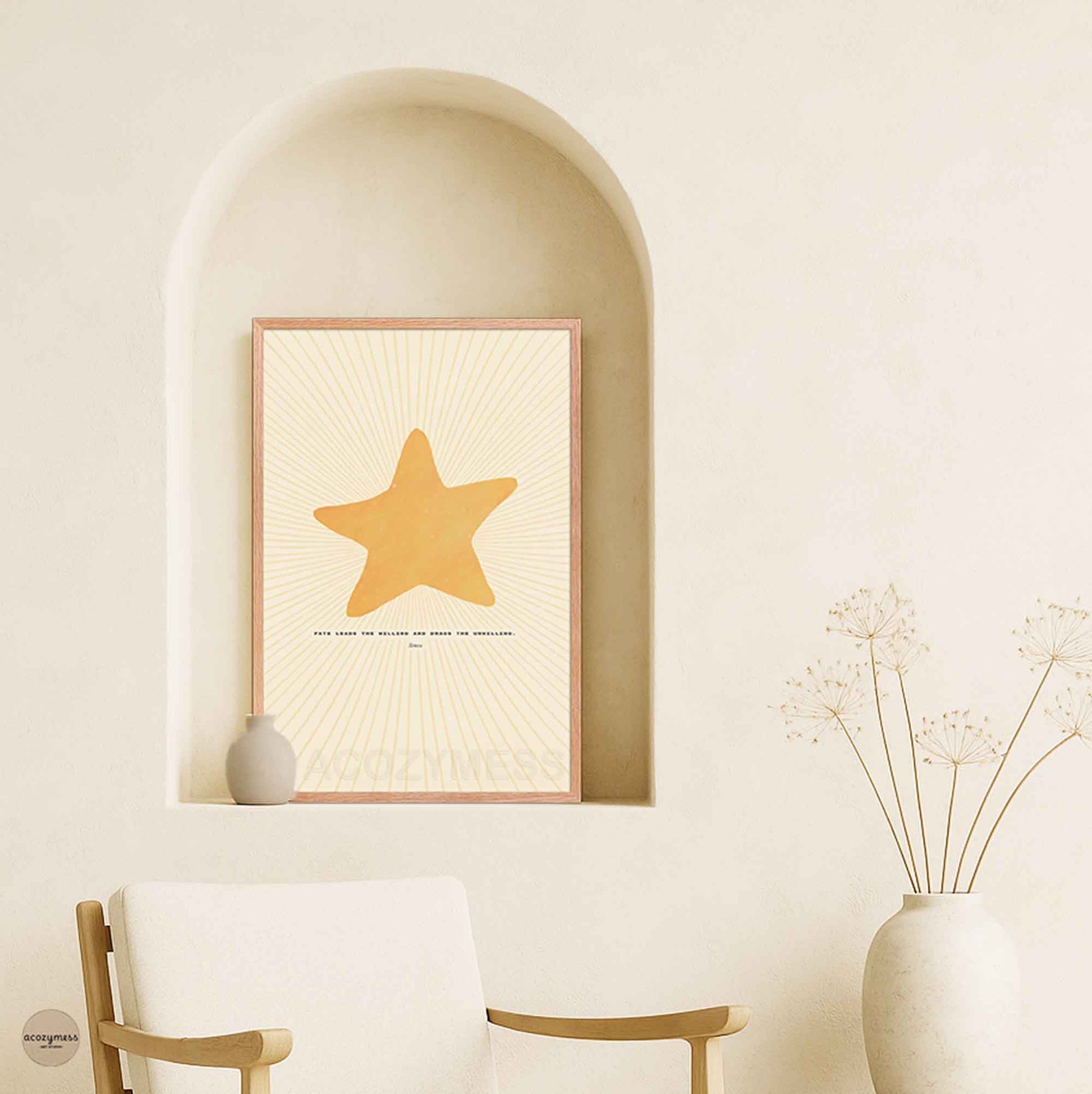 Seneca quote poster with bright star illustration displayed in an oakwood frame, warm and natural finish.