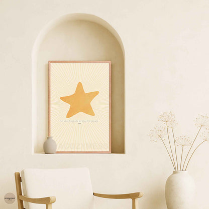 Seneca quote poster with bright star illustration displayed in an oakwood frame, warm and natural finish.