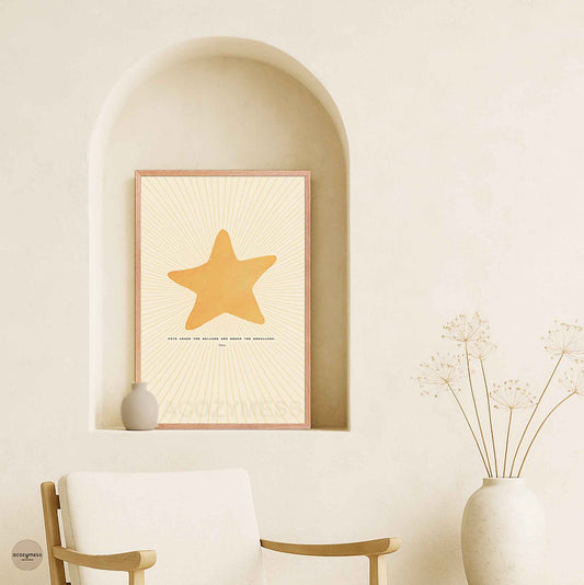 Seneca quote poster with bright star illustration displayed in an oakwood frame, warm and natural finish.
