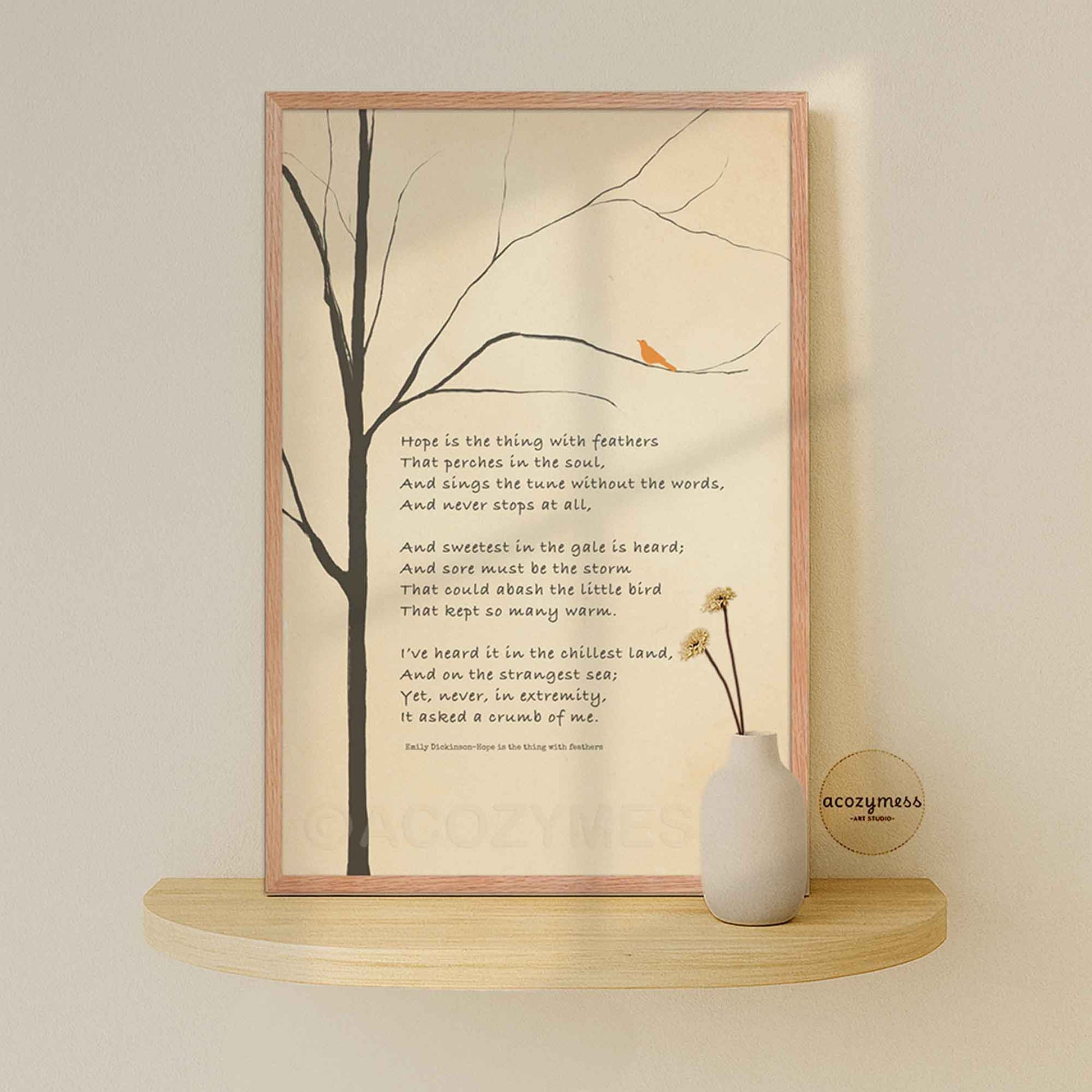 Hope is the thing with feathers literary wall art with bird illustration, displayed in an oakwood frame for a warm, natural look.