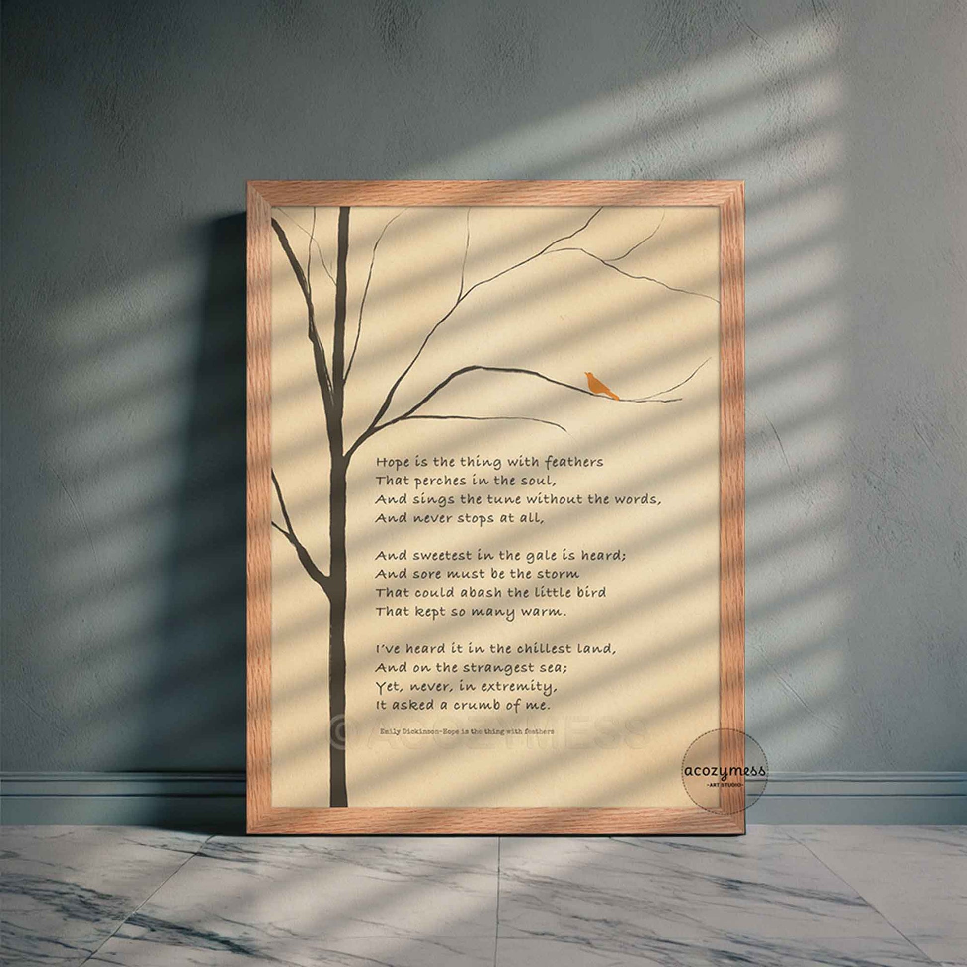 Emily Dickinson poetry poster with bird on branch illustration, framed in oakwood for natural look