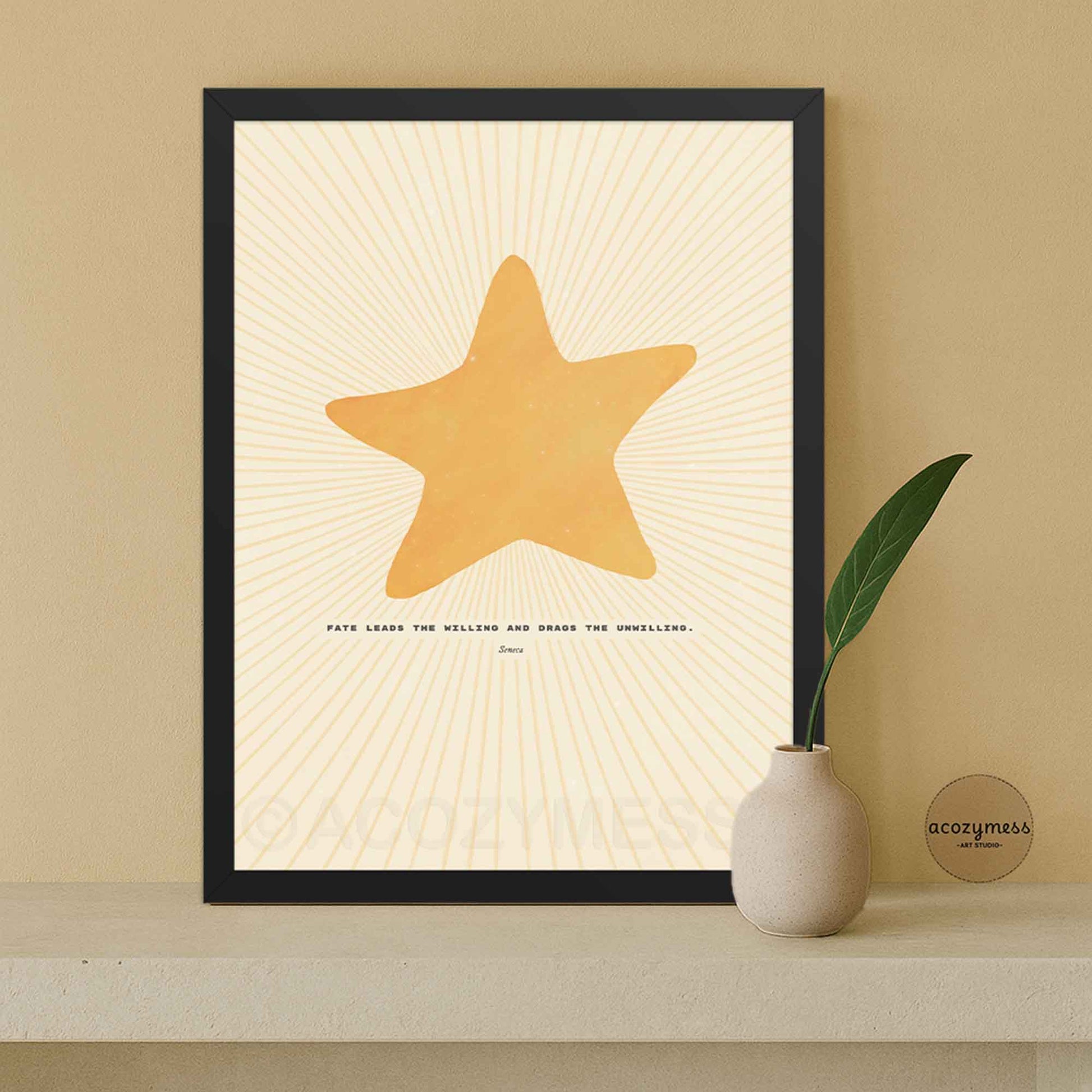 Seneca philosophy wall art featuring Seneca’s quote on fate with bright star illustration, shown in a sleek black frame for a bold, modern look.