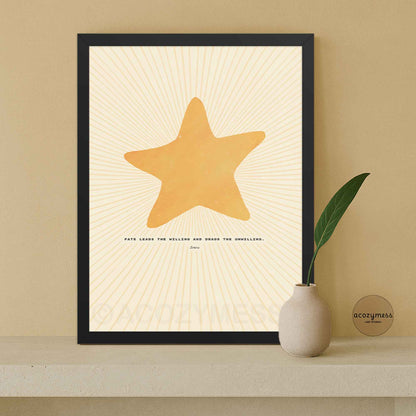 Seneca philosophy wall art featuring Seneca’s quote on fate with bright star illustration, shown in a sleek black frame for a bold, modern look.