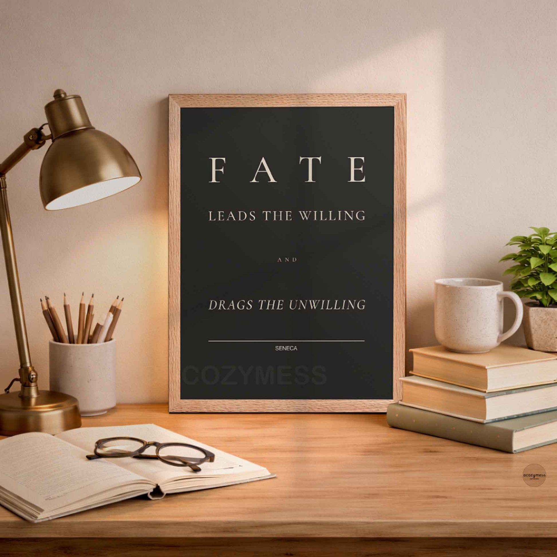 Oakwood Framed poster with motivational quote on a desk with lamp, books, and mug.