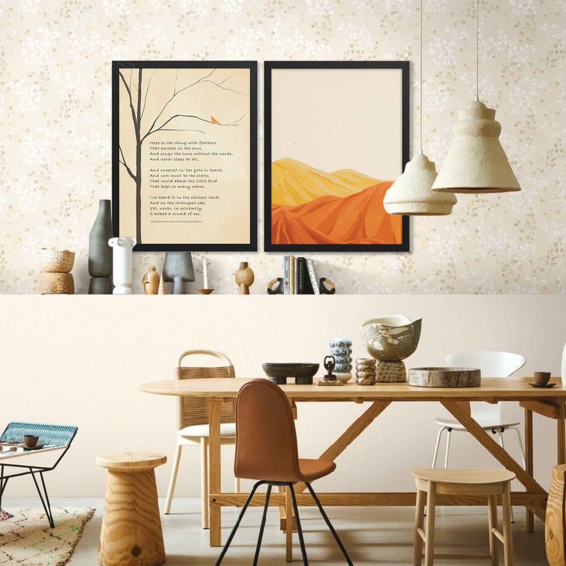 Hope is the thing with feathers-Emily Dickinson poetry poster with bird on branch illustration, framed in sleek black for a bold, modern finish.
