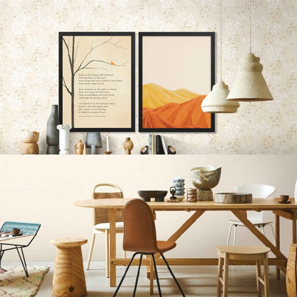 Hope is the thing with feathers-Emily Dickinson poetry poster with bird on branch illustration, framed in sleek black for a bold, modern finish.