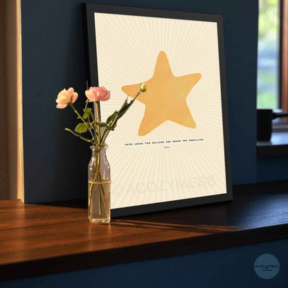Stoic philosophy wall art featuring Seneca’s quote with bright star illustration, shown in a sleek black frame for a bold, modern look.