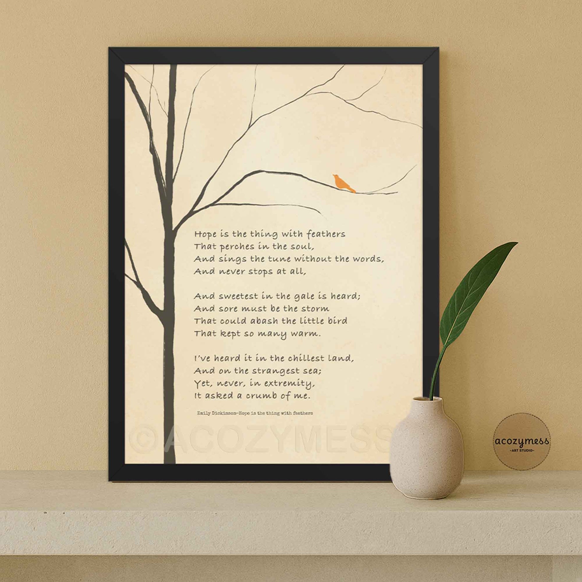 Black Framed Poster of hope is the thing with feathers poem by Emily Dickinson for literary decor