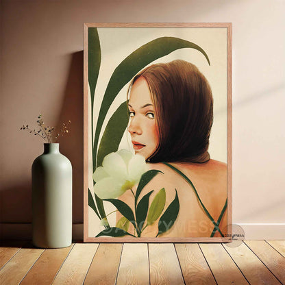 Boho woman portrait wall art in beige, green and terracotta with leaves and flowers in an oakwood frame