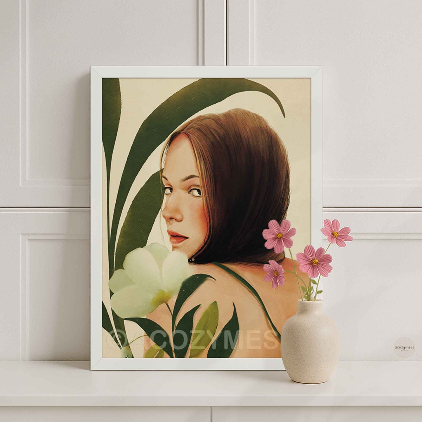 Minimal cozy boho female portrait print with leaves and flowers in earthy tones, displayed in a white frame