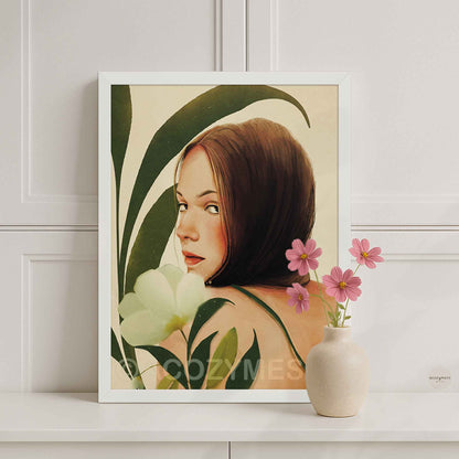 Minimal cozy boho female portrait print with leaves and flowers in earthy tones, displayed in a white frame